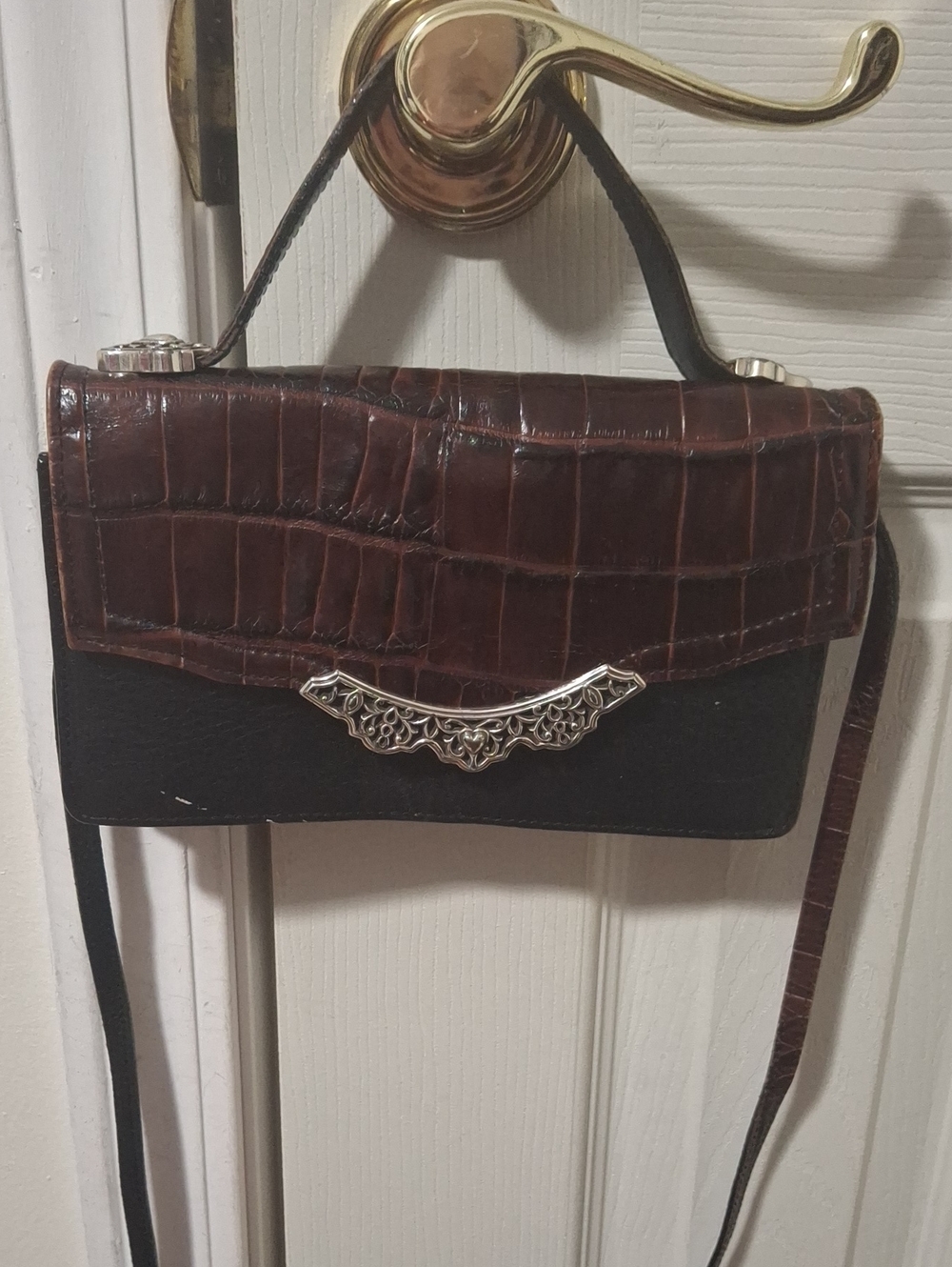 Brighton Brown Croc-Embossed & Black Crossbody with Silver Accent